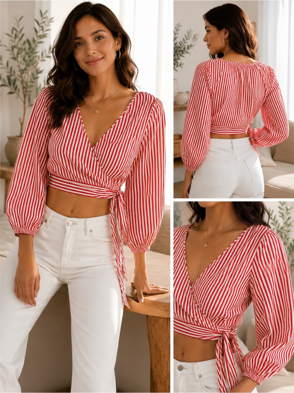H&M Red and White Striped Wrap Crop Top